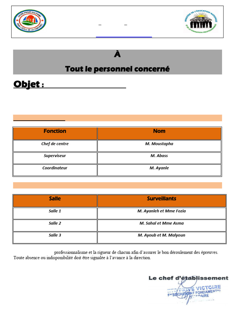 Organisation du BEF Blanc à l'École Victoire | PDF