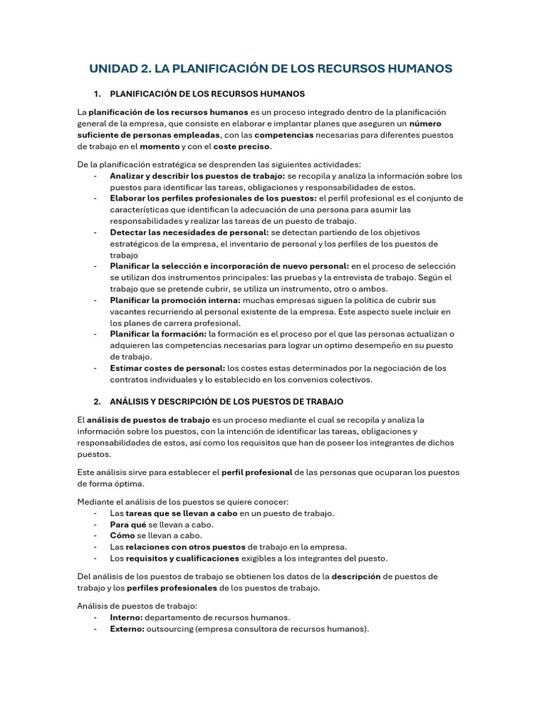 Unidad 2 Rrhh Pdf Gestión De Recursos Humanos Planificación