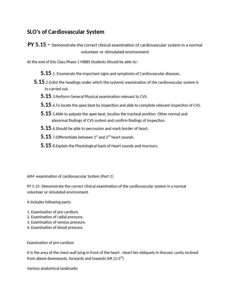Cardiovascular System Clinical Examination Guide | PDF | Pulse | Heart
