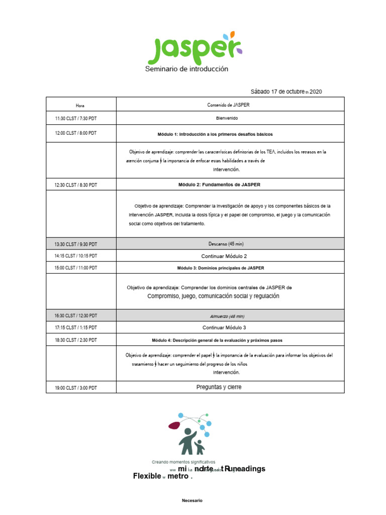 Programa Workshop Jasper, 17 Octubre 2020 (1) .En - Es | PDF | Autismo ...