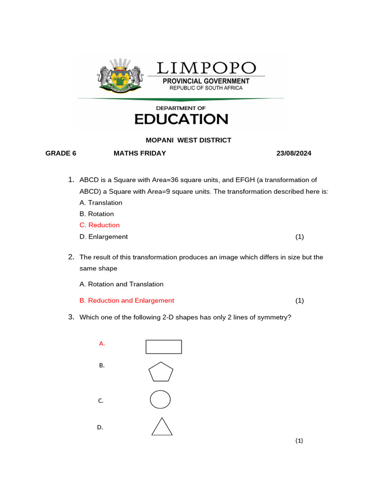 Grade 6 Maths Transformation Quiz | PDF