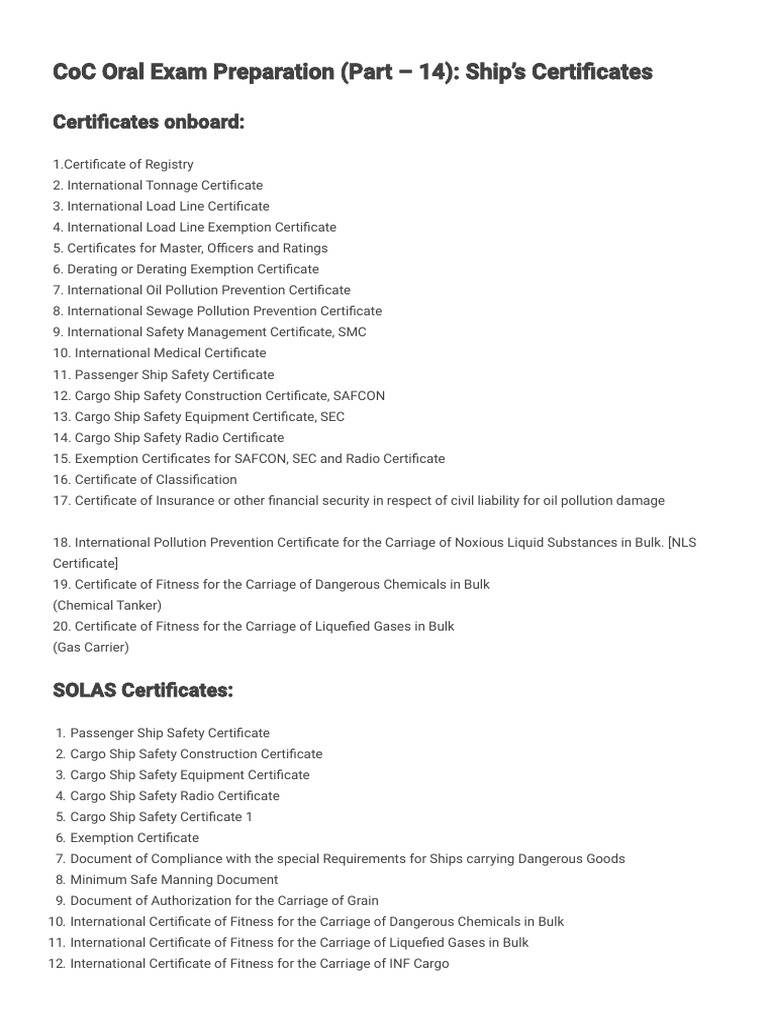 Ship's Certificates for CoC Exam Prep | PDF | Ships | Cargo