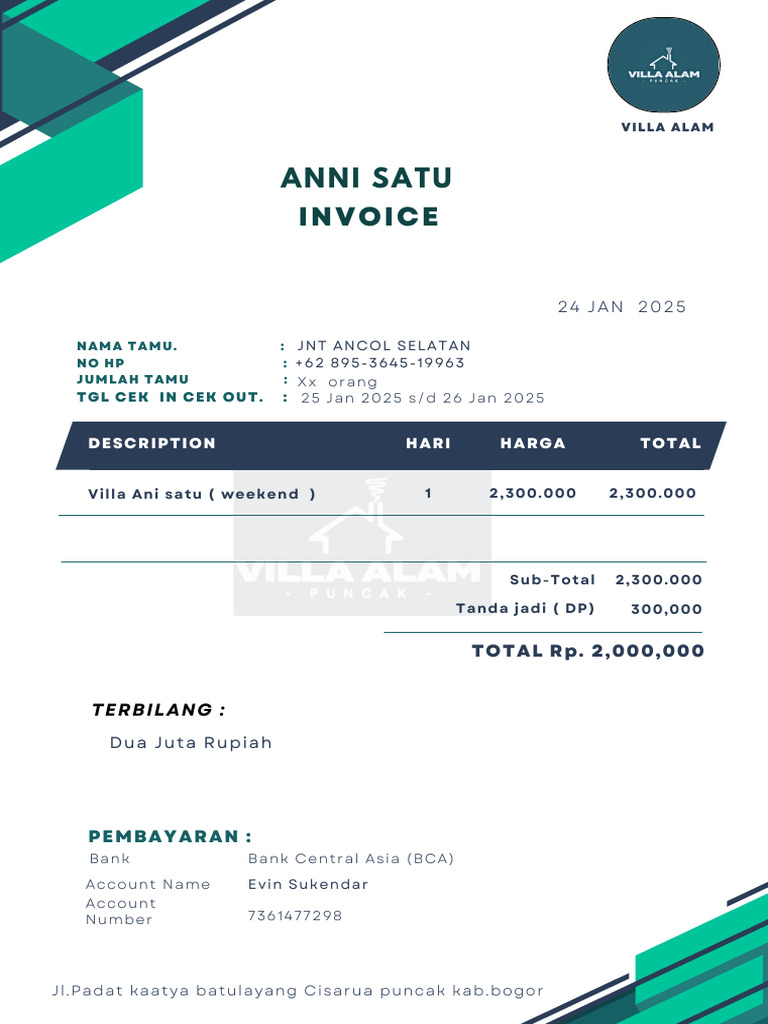Invoice Villa Ani 6, Bogor 2025 | PDF