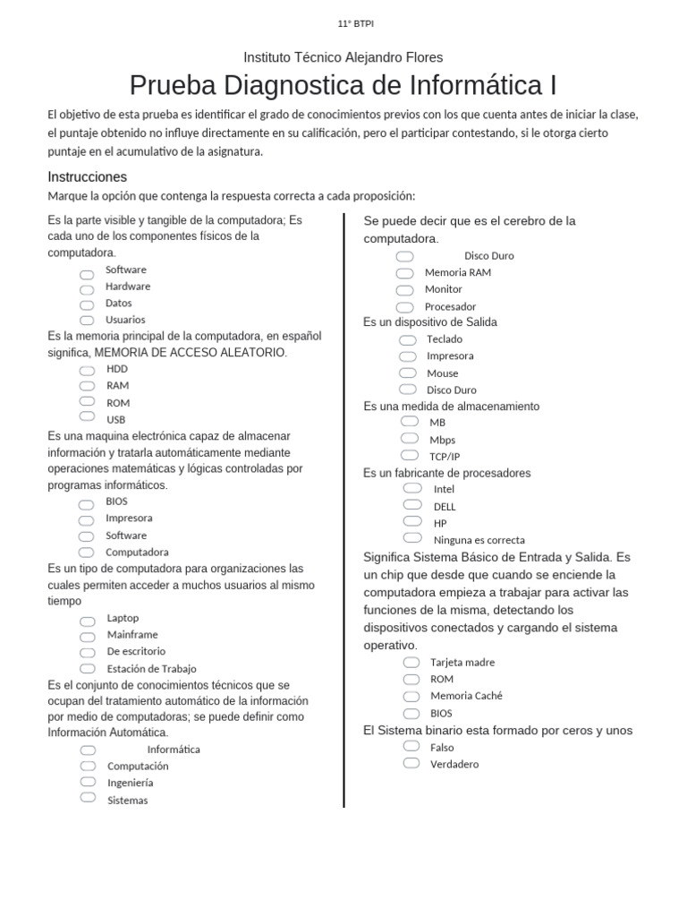 Prueba Diagnóstica de Informática | PDF | Hardware de la computadora ...