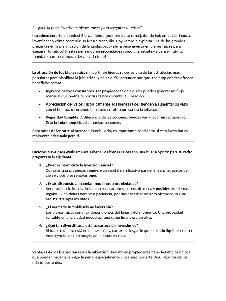 3 Vale La Pena Invertir en Bienes Raíces para Asegurar Tu Retiro | PDF ...