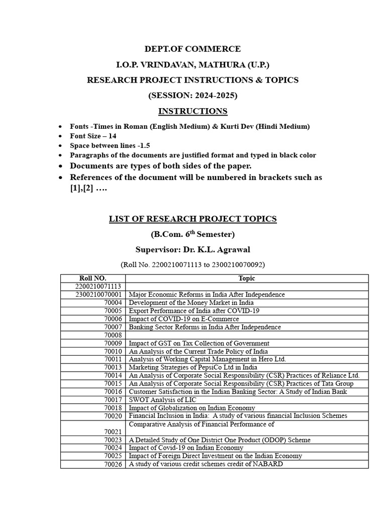 B.Com 6th Semester Project Topics List | PDF | Corporate Social ...
