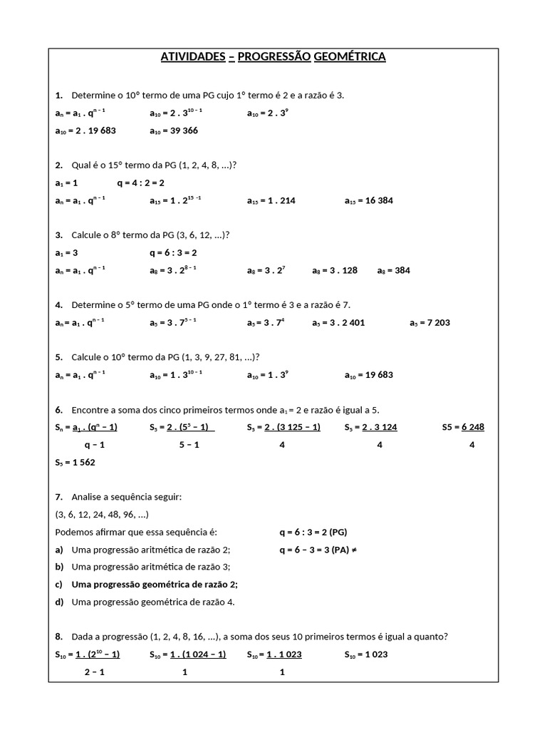 Atividades de Progressão Geométrica | PDF | Matemática | Analise matemática