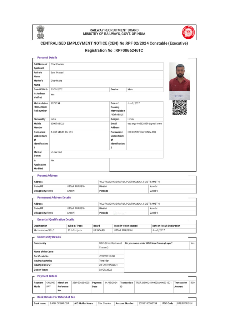 RPF Constable Application Details | PDF