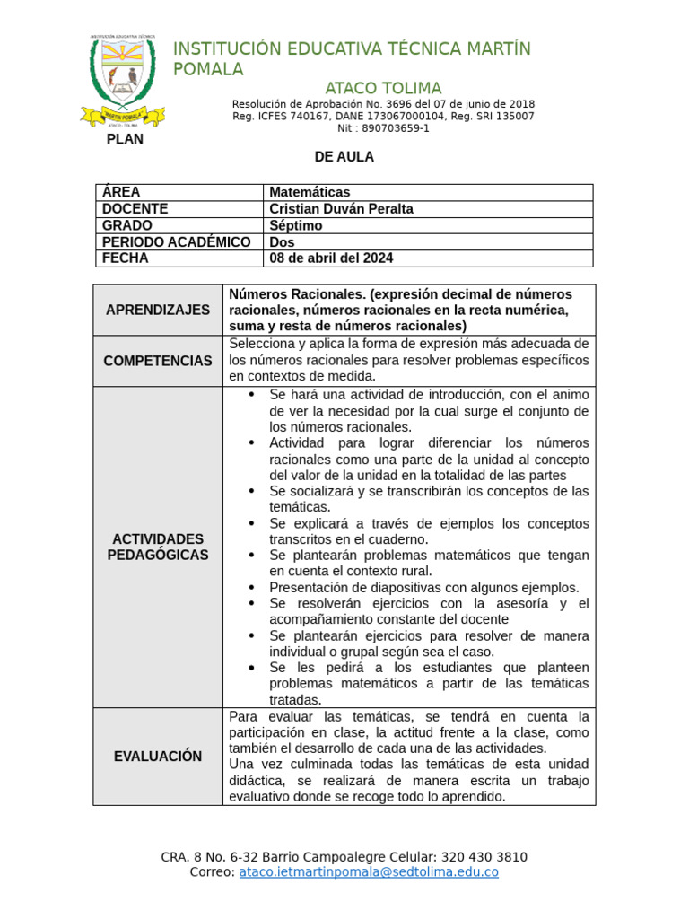 PLAN DE AULA 1. Septimo | PDF | Número racional | Evaluación