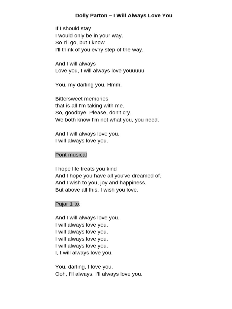I Will Always Love You Lyrics | PDF