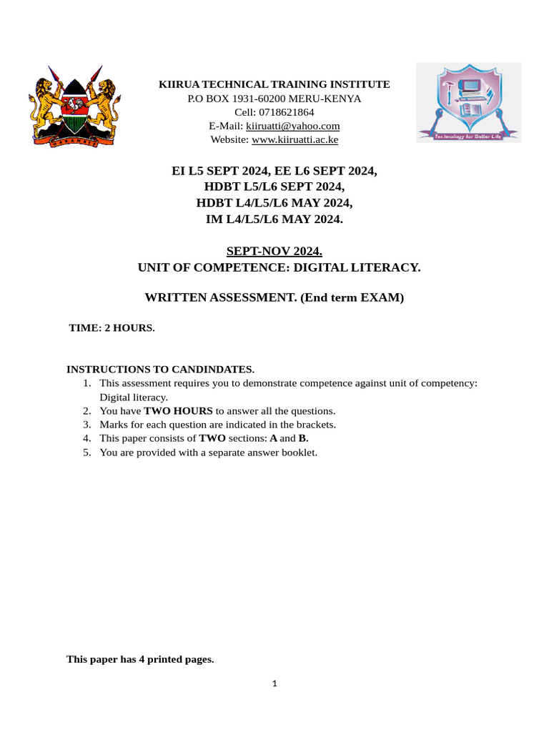 Digital Literacy Assessment Paper 2024 | PDF | Internet | Cybercrime