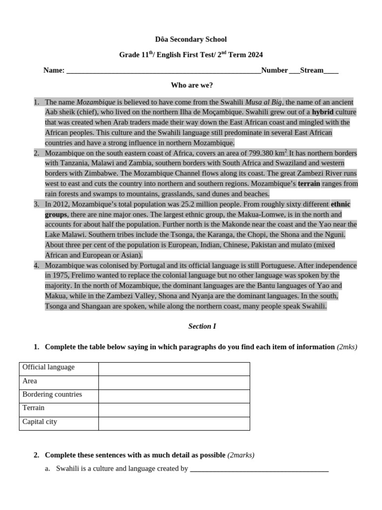 Grade 11 English Test: Mozambique Overview | PDF | Mozambique | Africa