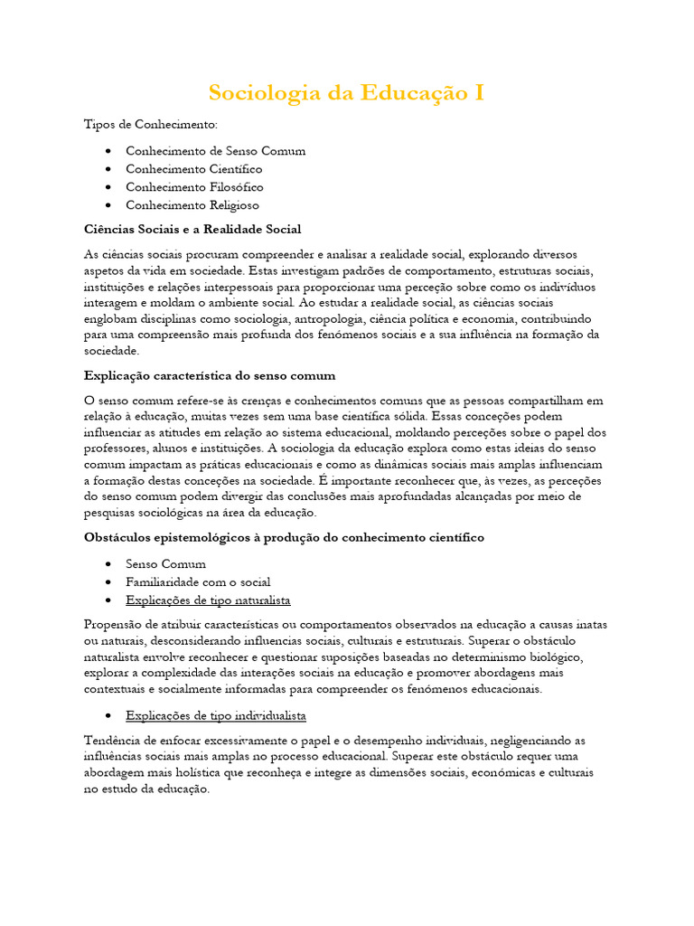 Sociologia da Educação: Conhecimento e Métodos | PDF | Sociologia ...