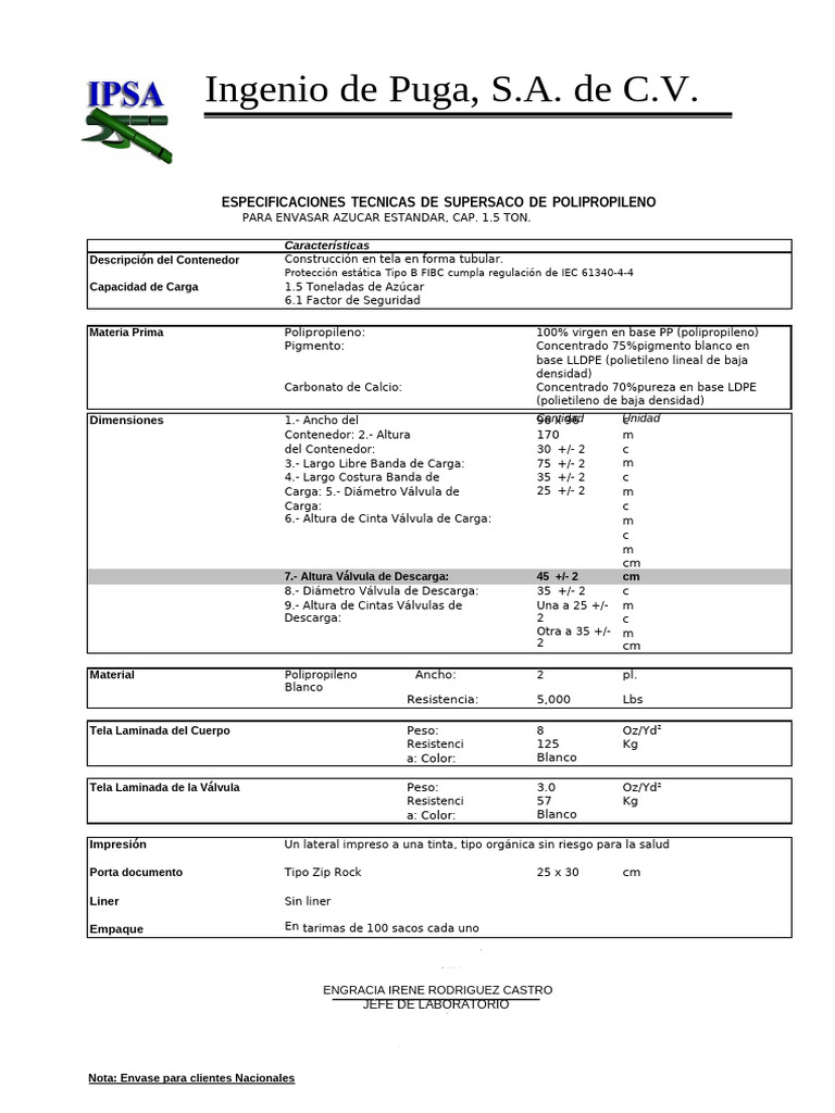 Especificaciones de Supersaco para Azúcar | PDF | Materiales