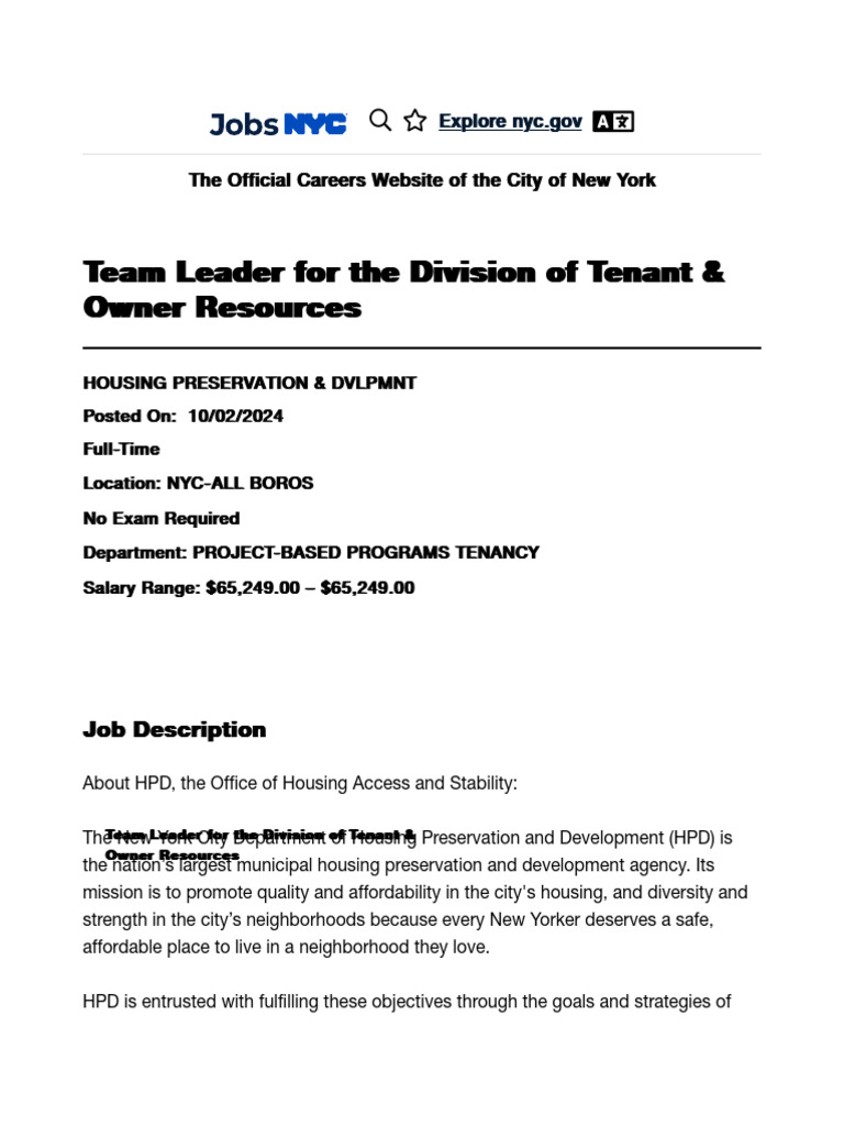 Team Leader For The Division of Tenant & Owner Resources - City of New ...