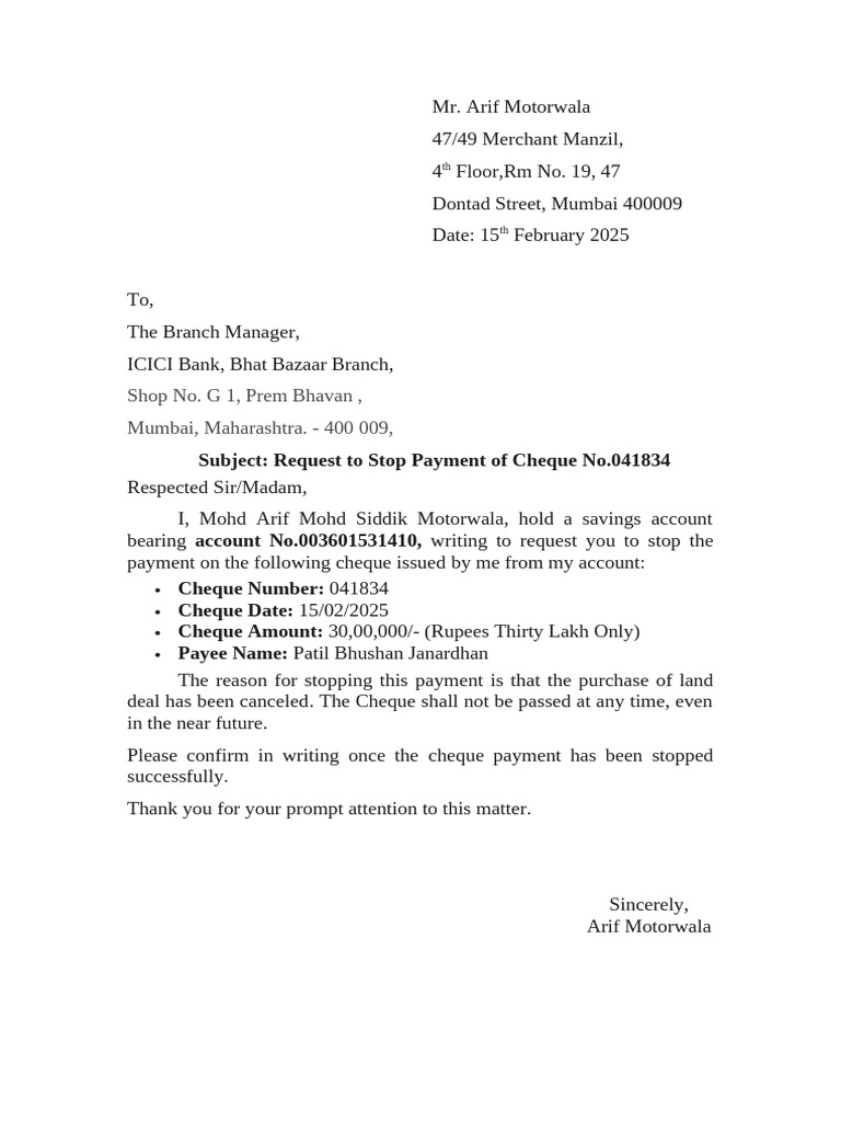 Stop Payment Request for Cheque No.041834 | PDF