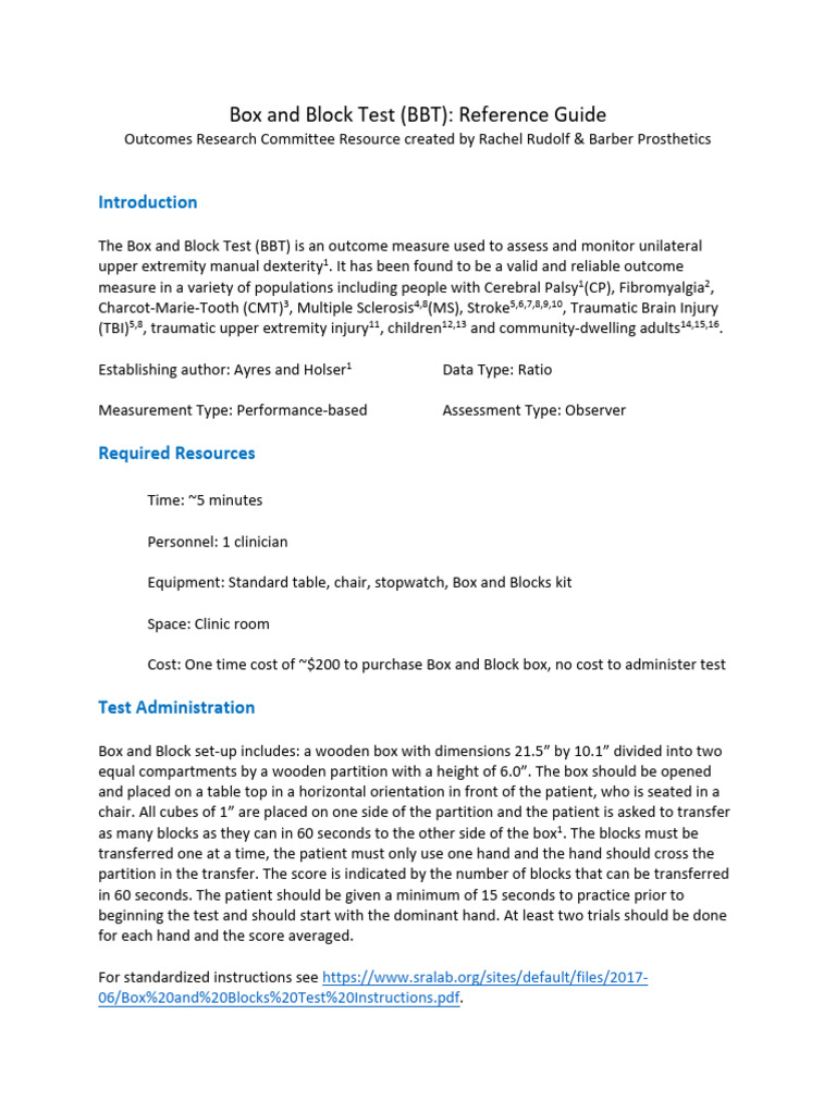 Box and Block Test Reference Guide | PDF | Physical Therapy | Prosthesis