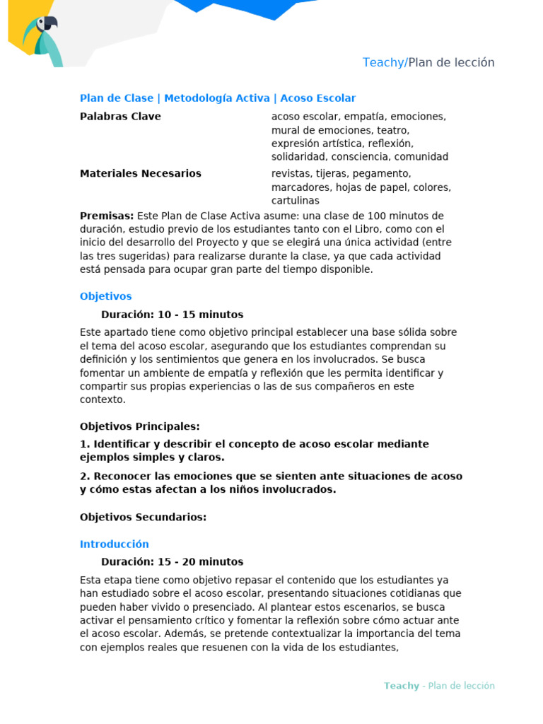 Plan de Clase sobre Acoso Escolar | PDF | Las emociones | Empatía