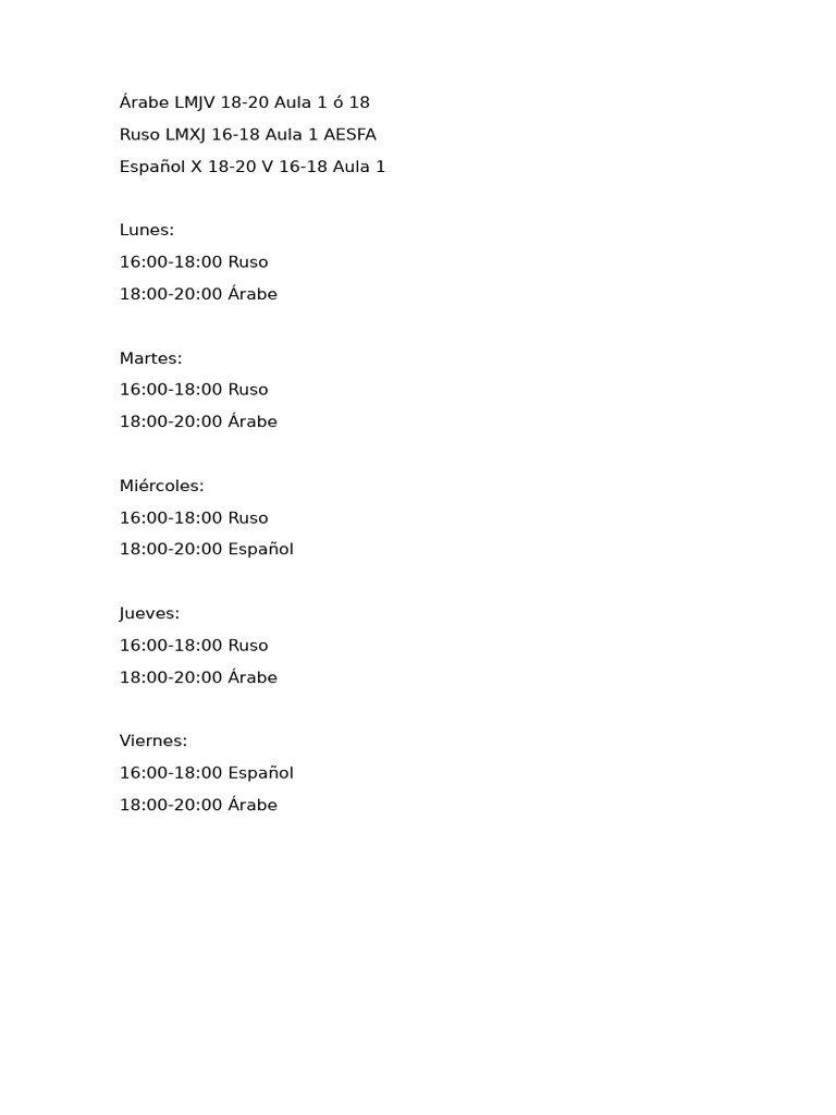 Horarios de Clases de Idiomas Aula 1 | PDF