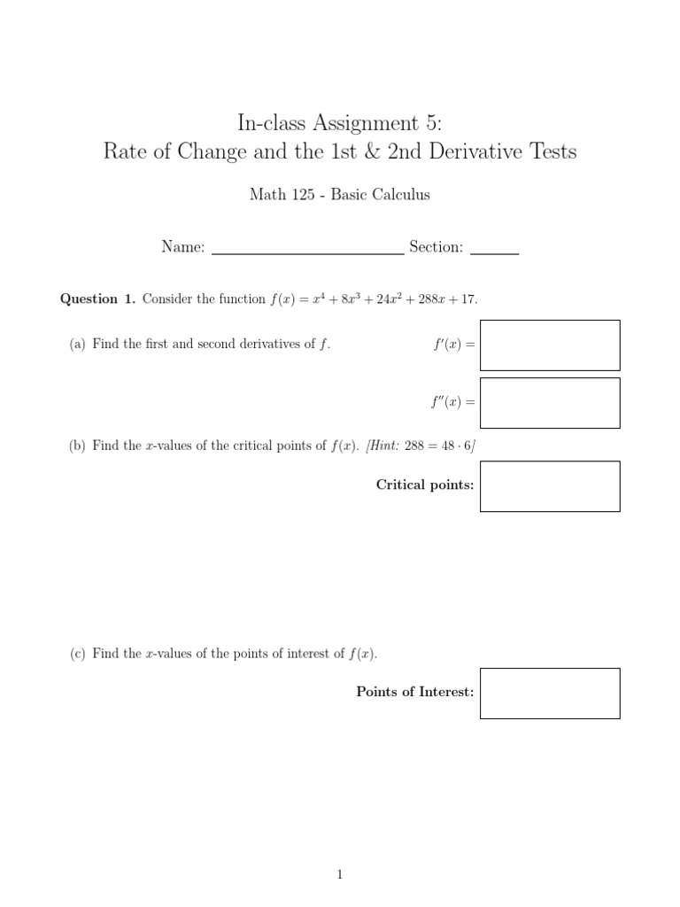 In-Class Assignment 5: Rate of Change and The 1st & 2nd Derivative ...