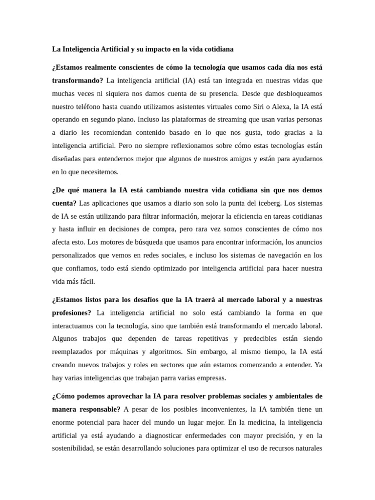 La Inteligencia Artificial y Su Impacto en La Vida Cotidiana | PDF ...