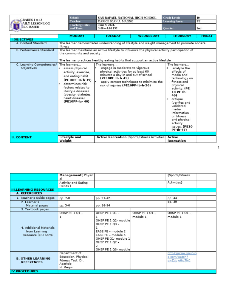 PE Daily Lesson Log for Grade 10 | PDF | Physical Fitness | Physical ...