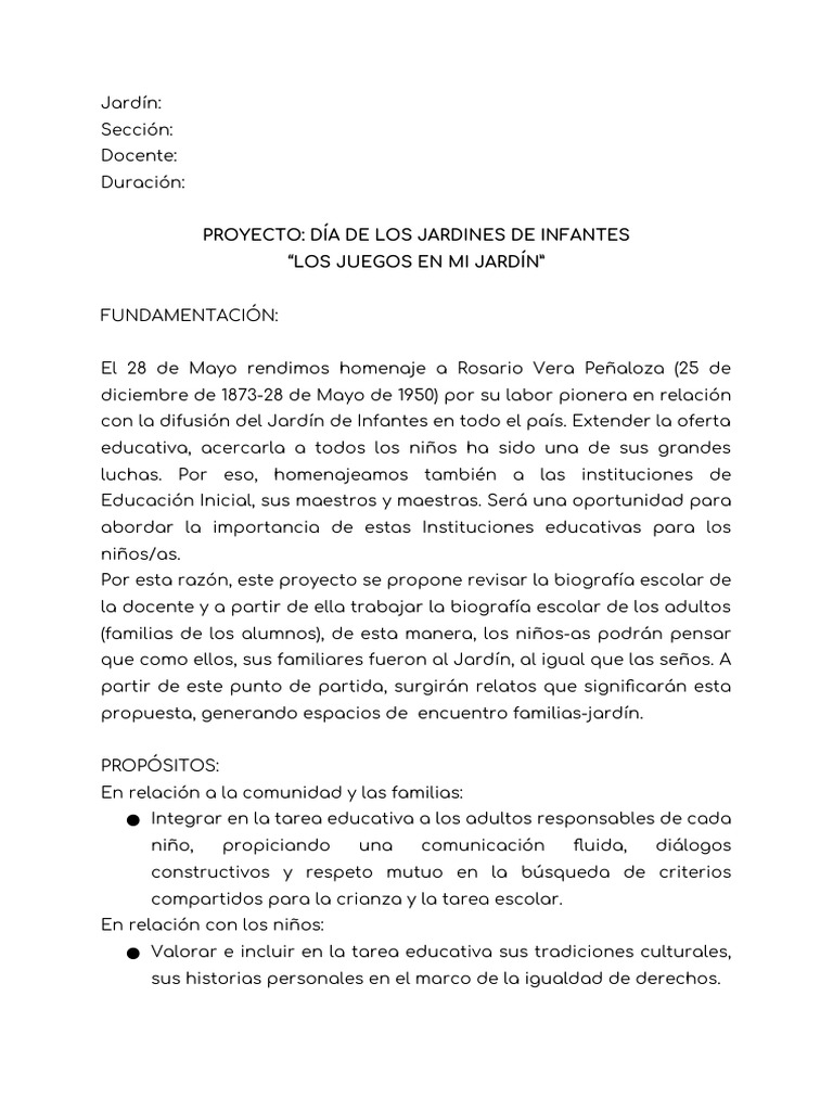 Proyecto Juegos en el Jardín Infantil | PDF | Educación de la primera ...