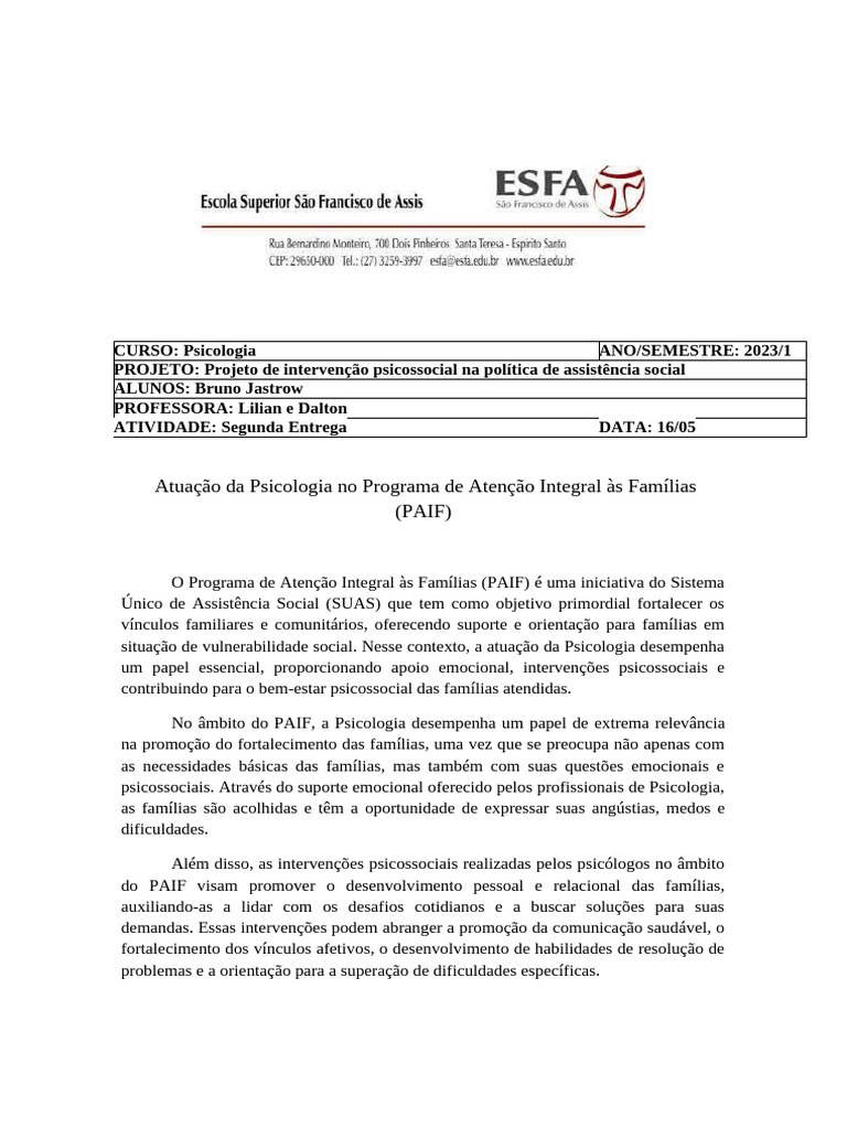 Psicologia no PAIF: Intervenção e Desafios | PDF | Psicologia ...