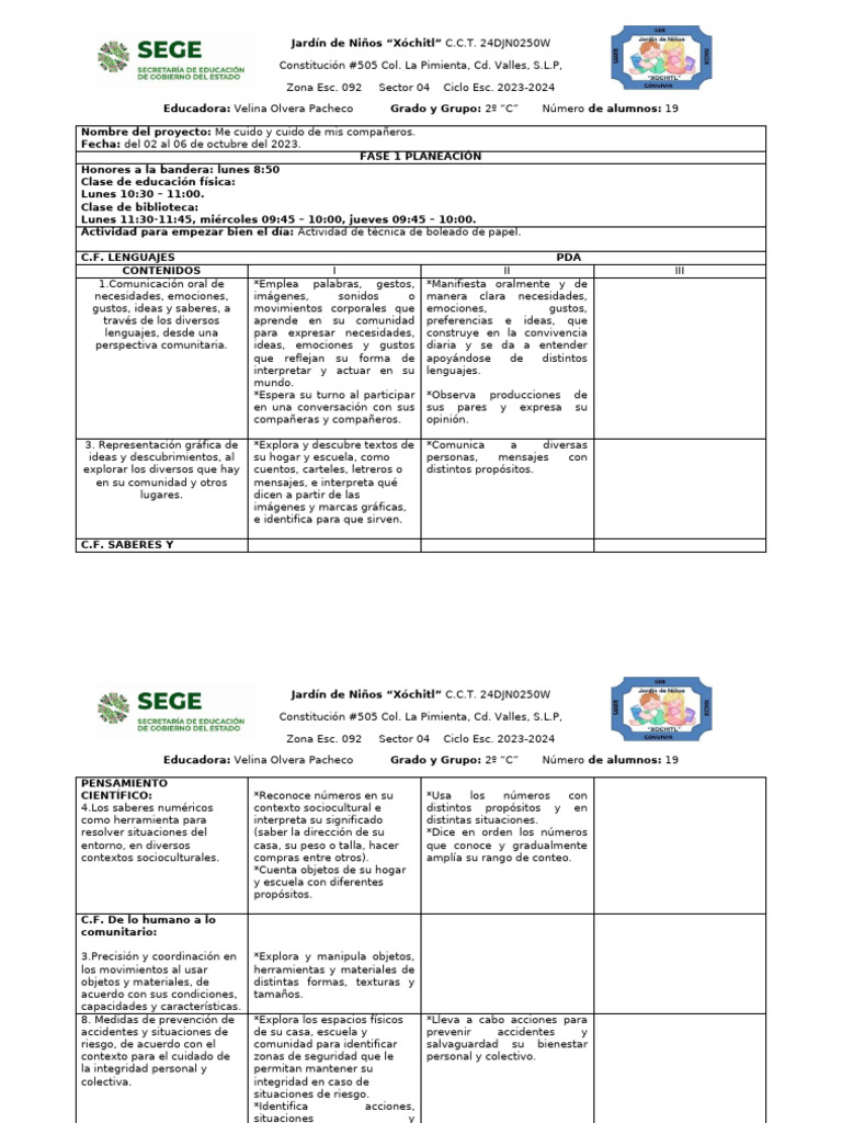 PLAN 5-02 Al 06 de Octubre | PDF | Educación de la primera infancia