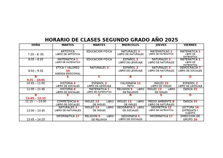 Horario Segundo Grado Primaria 2025 | PDF