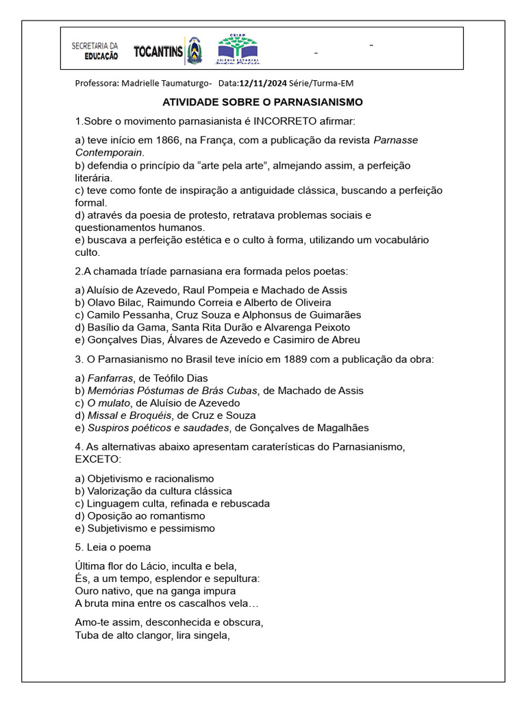 Atividade sobre Parnasianismo | PDF | Poesia