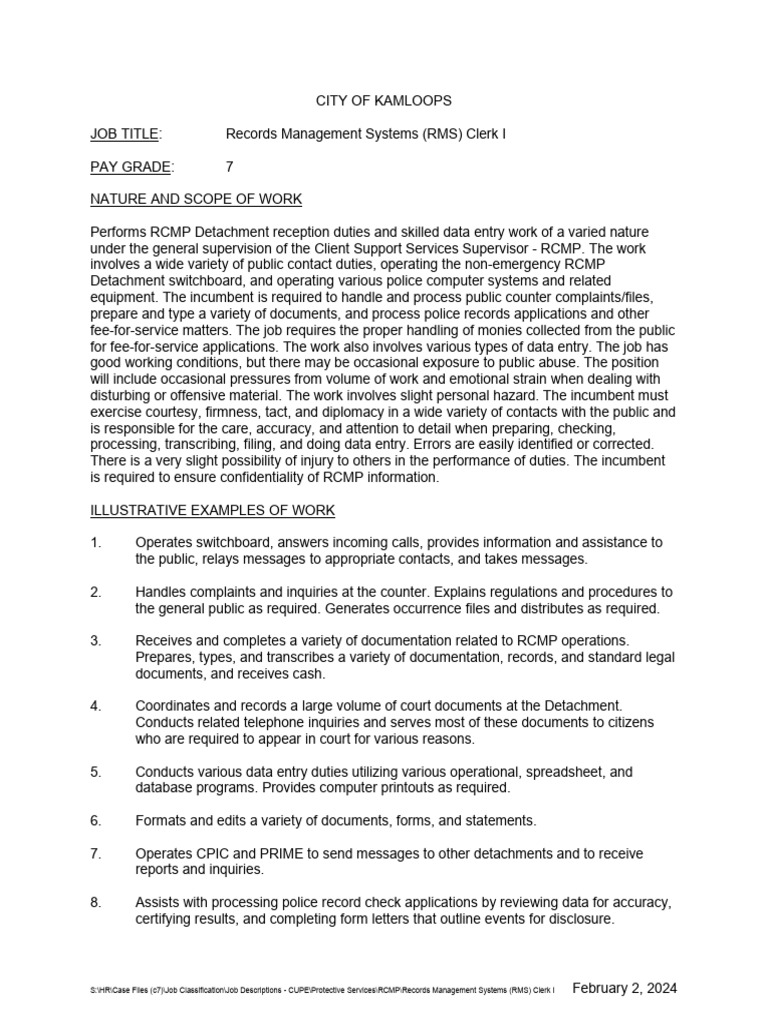 RMS Clerk I Job Description | PDF | Royal Canadian Mounted Police | Police