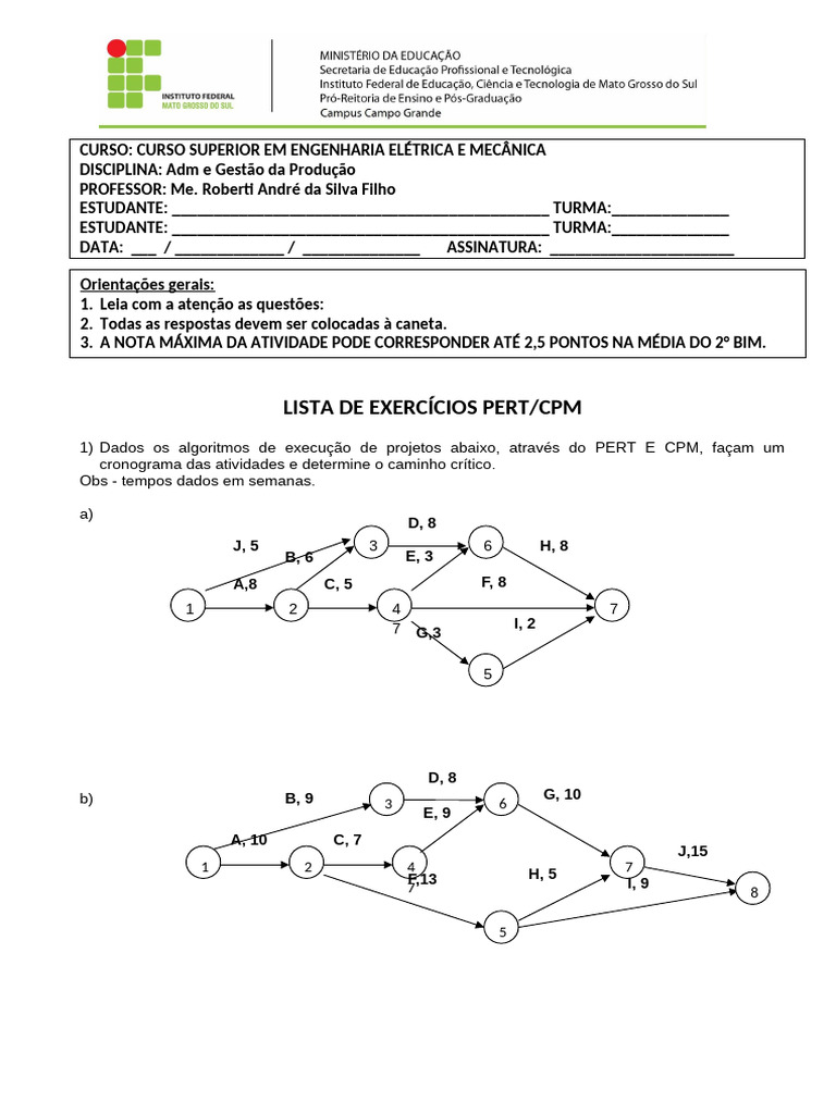 Lista de Exercícios PERT/CPM Engenharia | PDF
