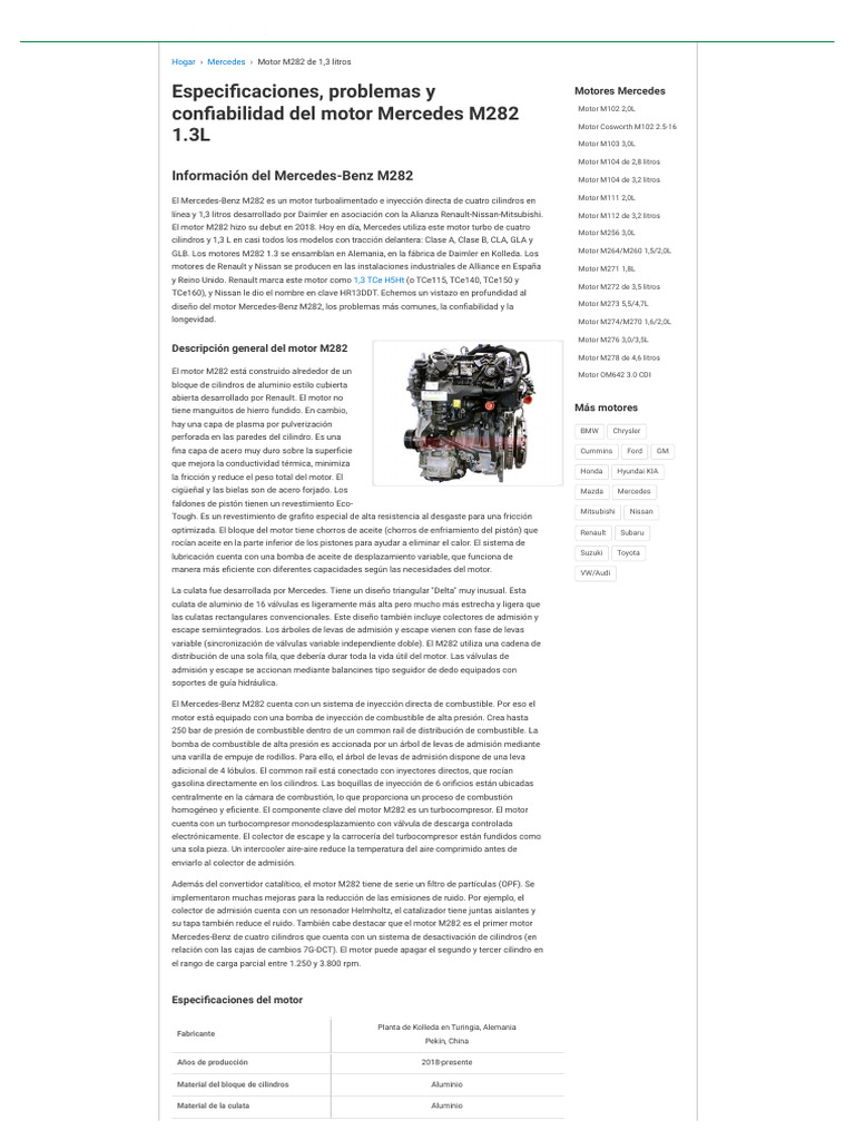 Especificaciones del motor M282 de Mercedes | PDF | Inyección de ...