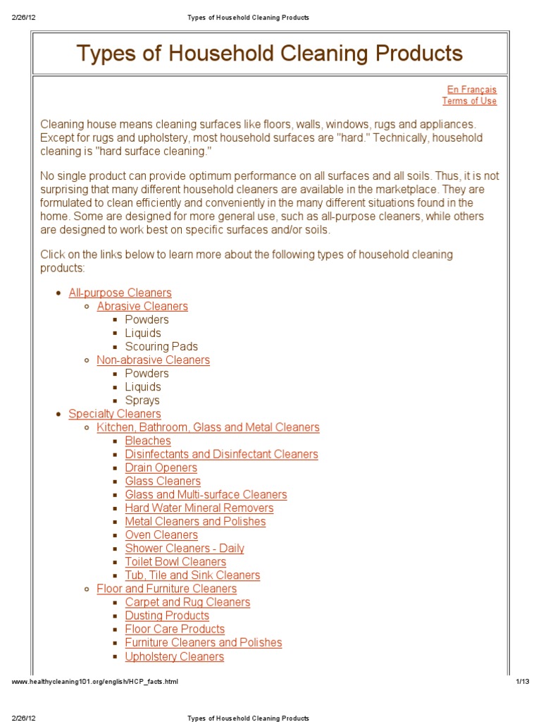 Types of Household Cleaning Products Guide | PDF | Housekeeping ...