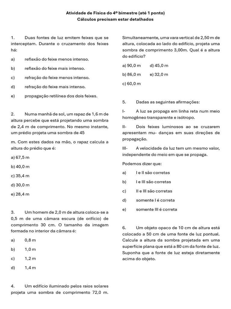 Atividade de Fsica Do 4 Bimestre | PDF | Reflexão (Física) | Ótica