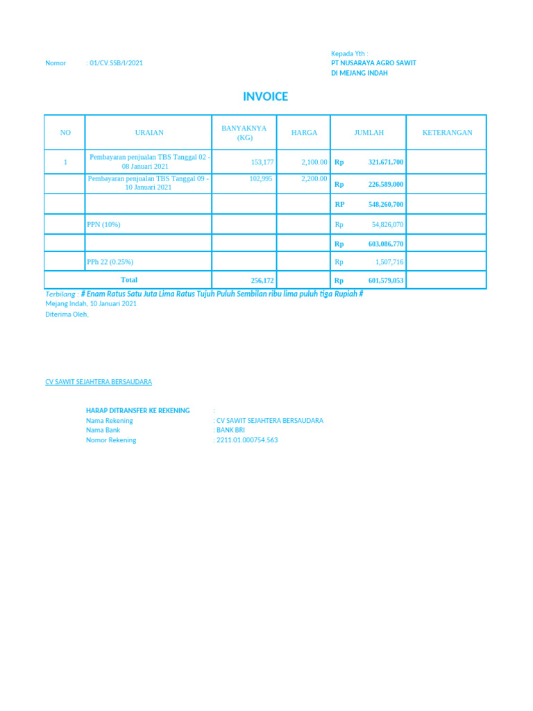 Invoice Pembayaran TBS PT Nusaraya | PDF