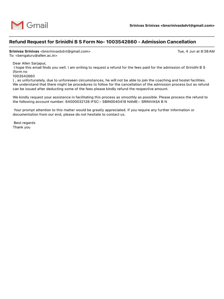 Refund Request for Admission Cancellation | PDF
