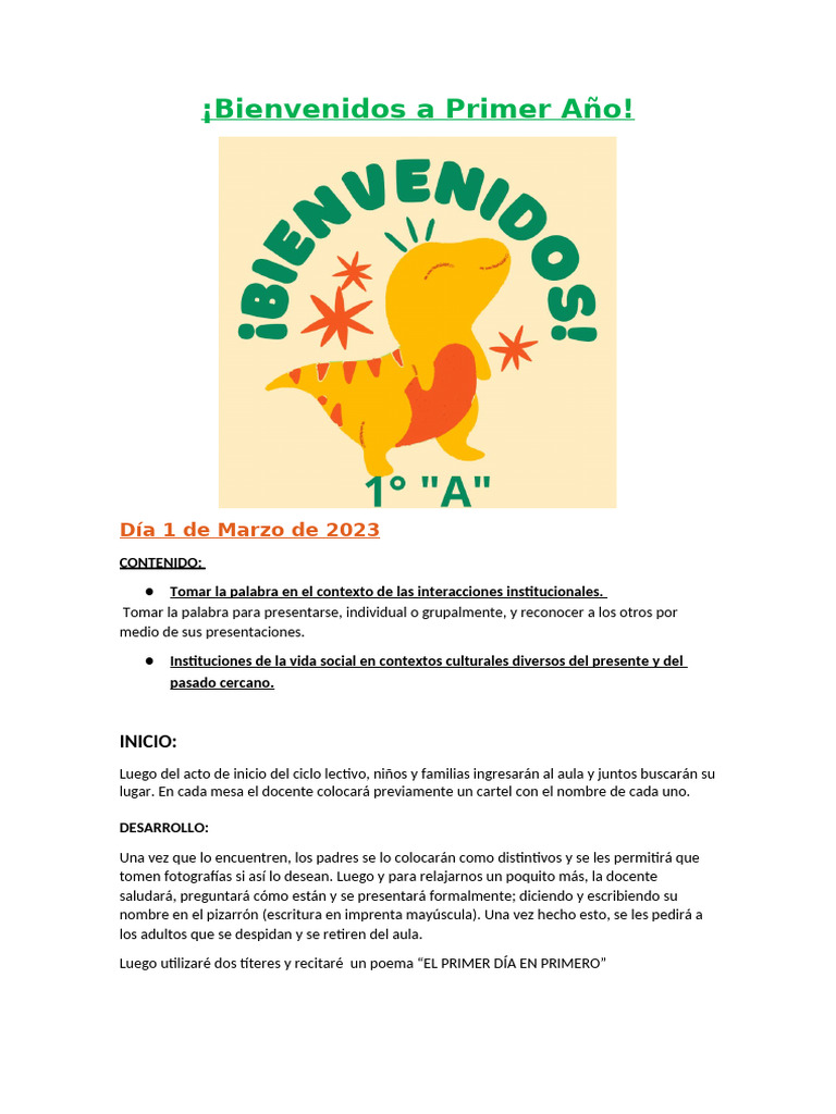 Bienvenidos A Primer Año1 | PDF | Aprendizaje