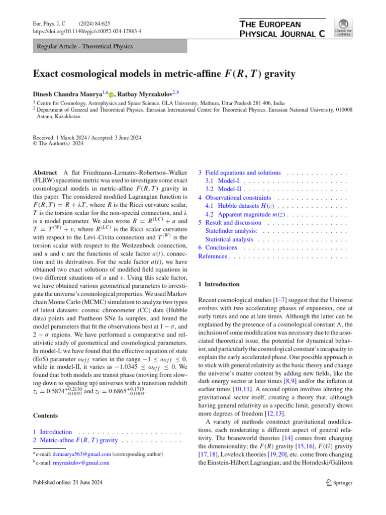 Exact Cosmological Models in F(R,T) Gravity | PDF | General Relativity ...