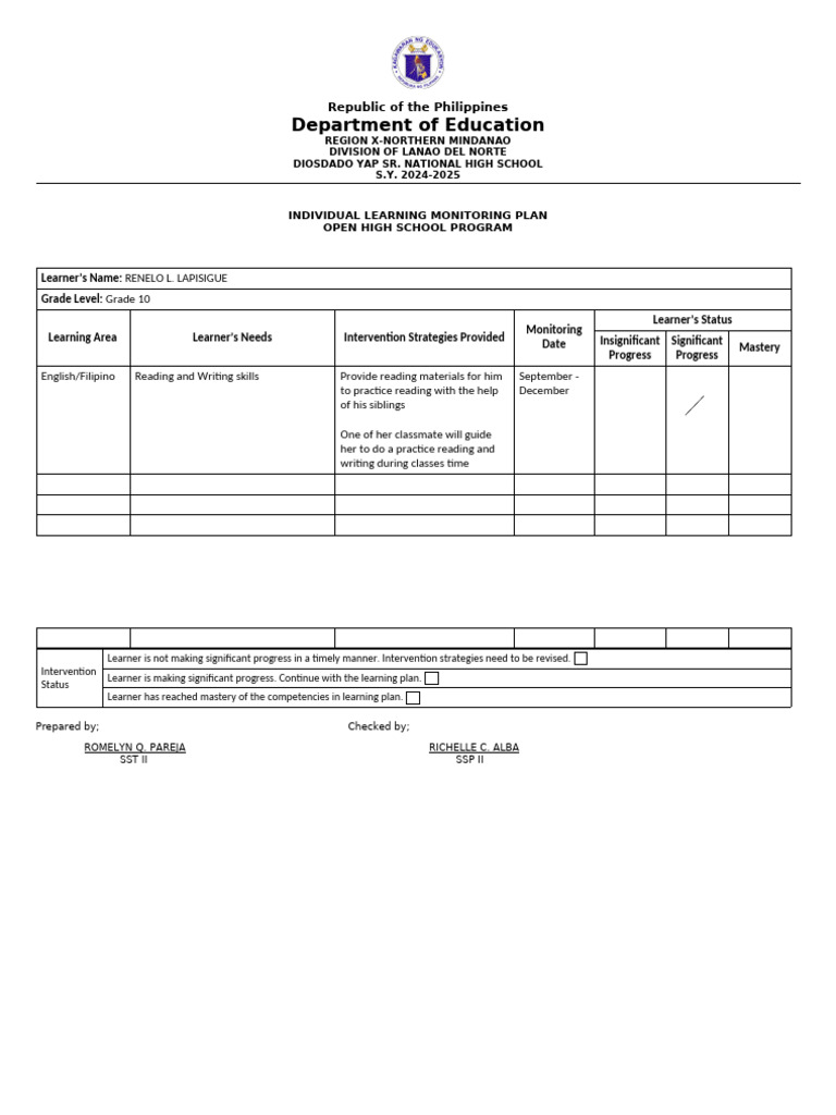 Individual Learning Plan for Grade 10 | PDF | Learning | Education Theory