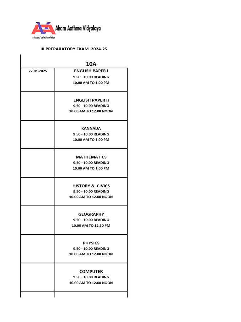 31399xa III Preparatory Time Table | PDF