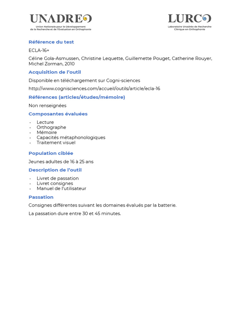 Test ECLA-16+ : Évaluation des Jeunes Adultes | PDF | Dyslexie