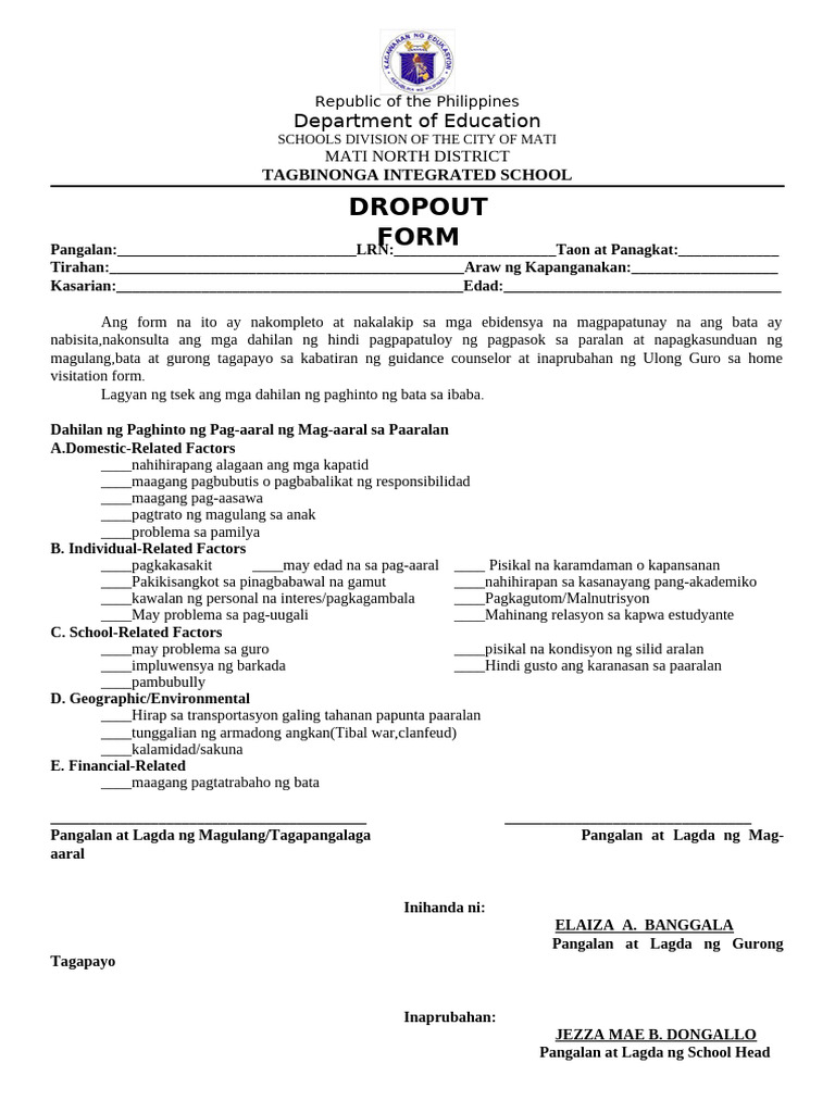 Dropout Form 2023 | PDF