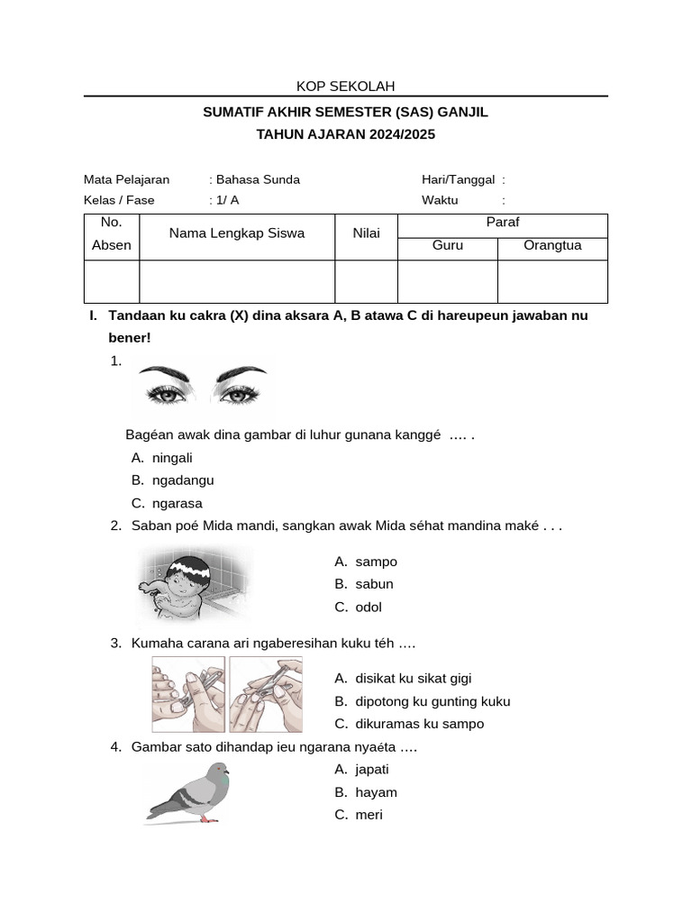 <p>Mari kita susun artikel mengenai contoh soal UAS Bahasa Sunda kelas 1 SD, dengan fokus pada kejelasan, kerincian, dan kepatuhan pada permintaan Anda.</p>
<p>” title=”</p>
<p>Mari kita susun artikel mengenai contoh soal UAS Bahasa Sunda kelas 1 SD, dengan fokus pada kejelasan, kerincian, dan kepatuhan pada permintaan Anda.</p>
<p>“></p>
<p><strong>Kerangka Penulisan Artikel:</strong></p>
<p>Untuk memastikan artikel ini tersusun rapi dan mudah dipahami, kami akan mengikuti kerangka sebagai berikut:</p>
<ol>
<li><strong>Pendahuluan:</strong> Pentingnya Bahasa Sunda di jenjang SD, tujuan UAS, dan cakupan materi kelas 1.</li>
<li><strong>Tipe-Tipe Soal UAS Bahasa Sunda Kelas 1 SD:</strong>
<ul>
<li>Pilihan Ganda (Pilihan Jawaban)</li>
<li>Menjodohkan (Mencocokkan Gambar/Kata)</li>
<li>Mengisi Titik-Titik (Melengkapi Kata/Kalimat)</li>
<li>Menjawab Pertanyaan Singkat</li>
<li>Mendeskripsikan Gambar Sederhana</li>
</ul>
</li>
<li><strong>Contoh Soal beserta Pembahasannya:</strong>
<ul>
<li>Bagian A: Pilihan Ganda</li>
<li>Bagian B: Menjodohkan</li>
<li>Bagian C: Mengisi Titik-Titik</li>
<li>Bagian D: Menjawab Pertanyaan</li>
<li>Bagian E: Mendeskripsikan Gambar</li>
</ul>
</li>
<li><strong>Tips Persiapan UAS Bahasa Sunda Kelas 1 SD:</strong>
<ul>
<li>Bagi Siswa</li>
<li>Bagi Orang Tua/Guru</li>
</ul>
</li>
<li><strong>Kesimpulan:</strong> Rangkuman pentingnya penguasaan Bahasa Sunda dan peran UAS.</li>
</ol>
<p><strong>1. Pendahuluan</strong></p>
<p>Bahasa Sunda memiliki peran vital dalam menjaga keutuhan budaya di tanah Sunda. Mengajarkannya sejak dini kepada anak-anak kelas 1 SD adalah langkah strategis untuk menanamkan rasa cinta dan kebanggaan terhadap warisan leluhur. Di jenjang ini, pembelajaran Bahasa Sunda difokuskan pada pengenalan dasar-dasar linguistik dan budaya melalui pendekatan yang menyenangkan dan interaktif.</p>
<p>UAS Bahasa Sunda kelas 1 SD dirancang untuk mengukur sejauh mana siswa mampu menyerap dan menerapkan materi yang telah diajarkan. Cakupan materi umumnya meliputi pengenalan nama-nama benda di sekitar, anggota keluarga, hewan, tumbuhan, warna, angka, serta ungkapan-ungkapan sederhana seperti sapaan (punten, mangga, hatur nuhun) dan perkenalan diri. Soal-soal UAS biasanya disajikan dalam bentuk yang familiar bagi anak usia 6-7 tahun, dengan banyak dukungan visual.</p>
<div style=