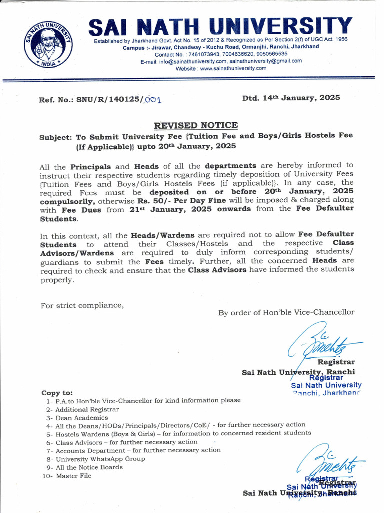 REVISED NOTICE - TO SUBMIT UNIVERSITY FEE UPTO 20th JANUARY, 2025 | PDF
