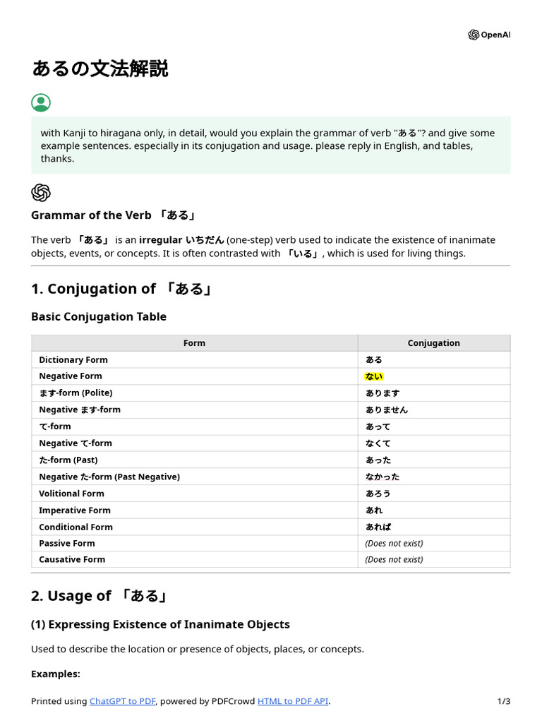 動詞 - あるの文法説明 | PDF