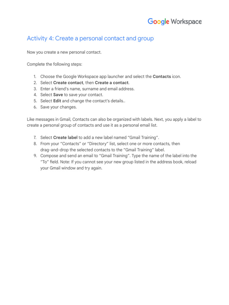 Create Personal Contacts in Google Workspace | PDF