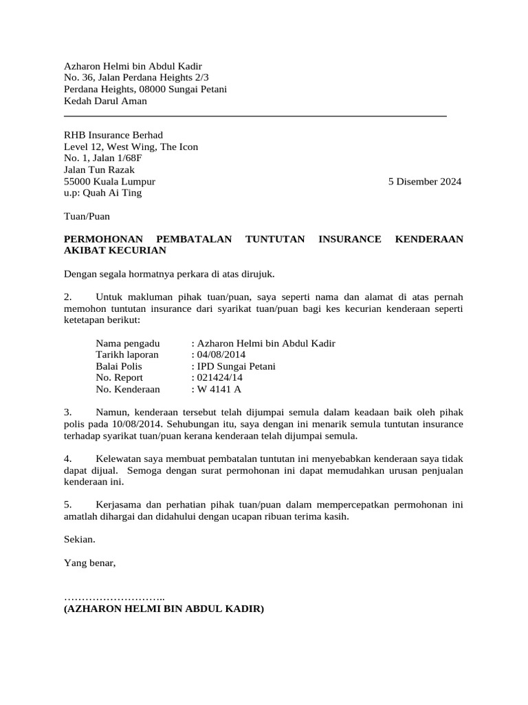 Surat Permohonan Batal Tuntutan Insuran Rhb | PDF