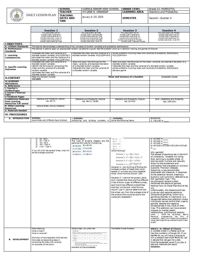 Grade 11 Statistics Lesson Plan | PDF | Variance | Probability Distribution